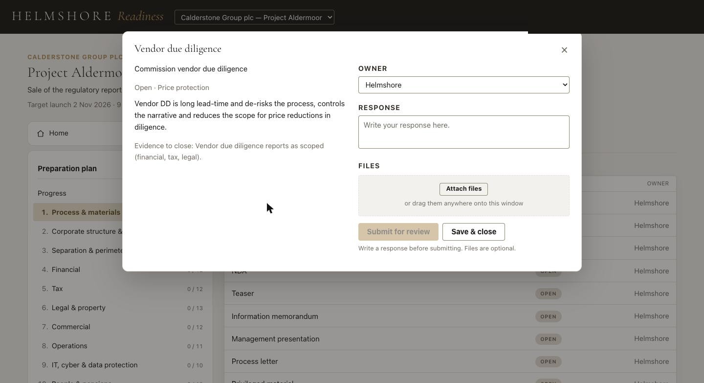 An action open in the platform, showing why a buyer cares, the evidence that closes it, the owner, and a place to respond and attach files.
