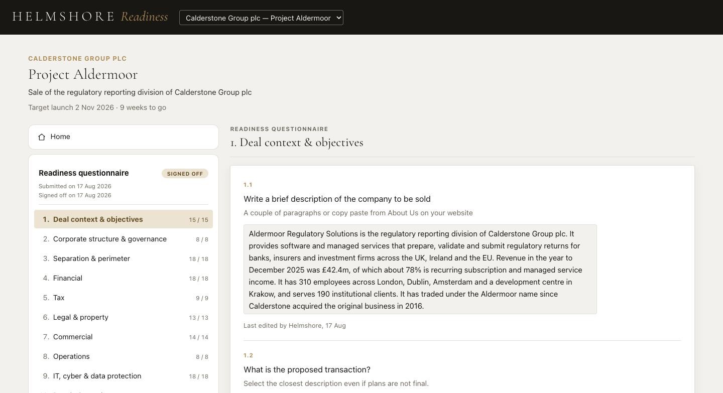 The readiness questionnaire in the platform, showing a section of answered questions with progress by section.
