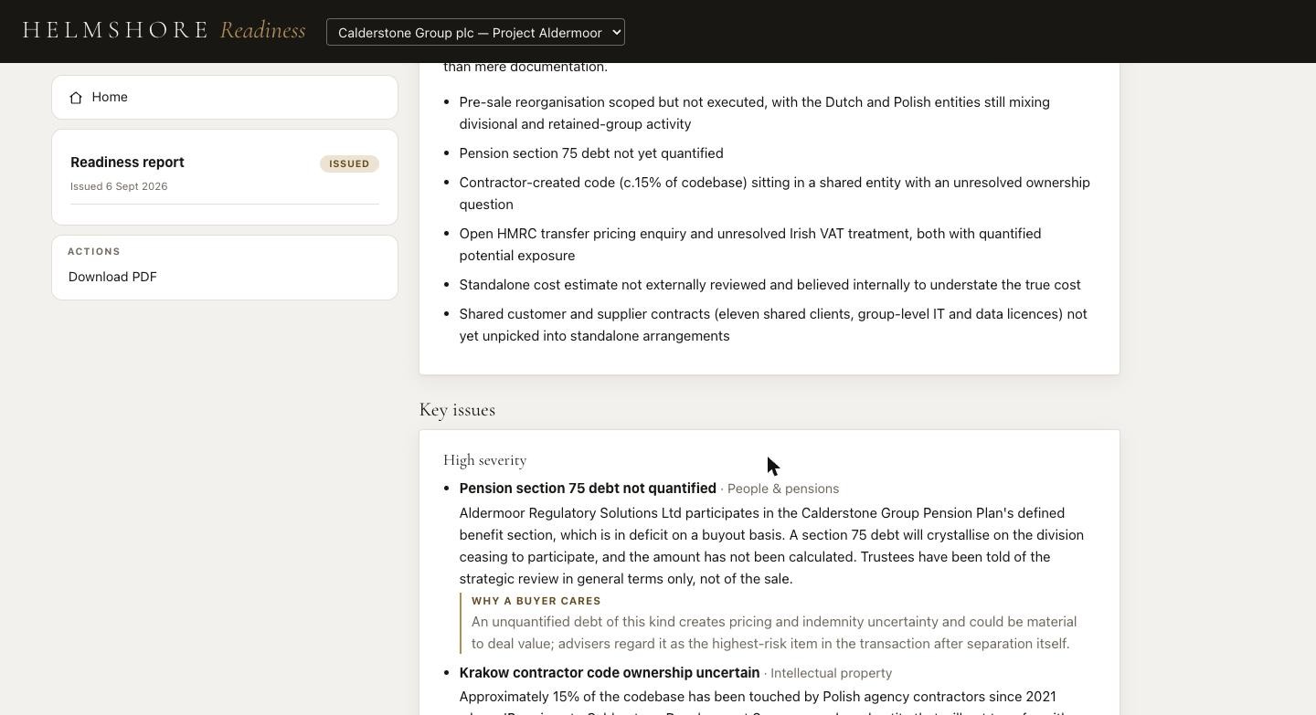 The key issues section of the Readiness Report, showing a high severity issue with a note on why a buyer cares.