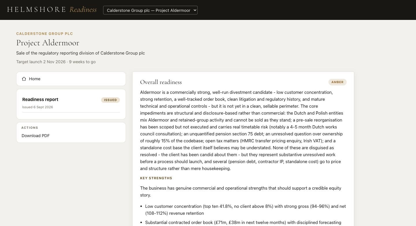 The Readiness Report open in the platform, showing an overall rating of amber and the executive summary.