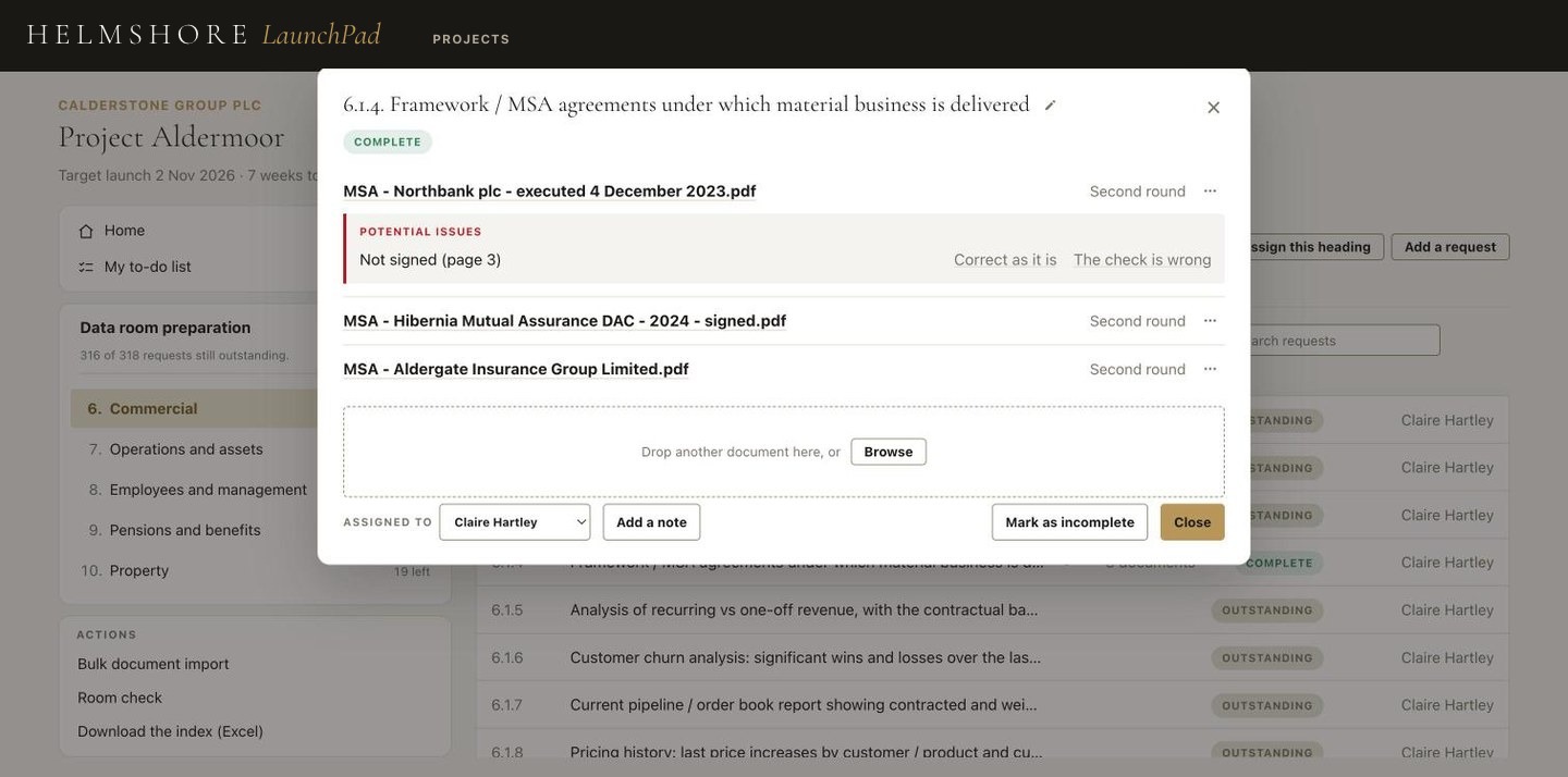 A request window in the data room, with a potential issue flagged against one document: not signed on page 3.