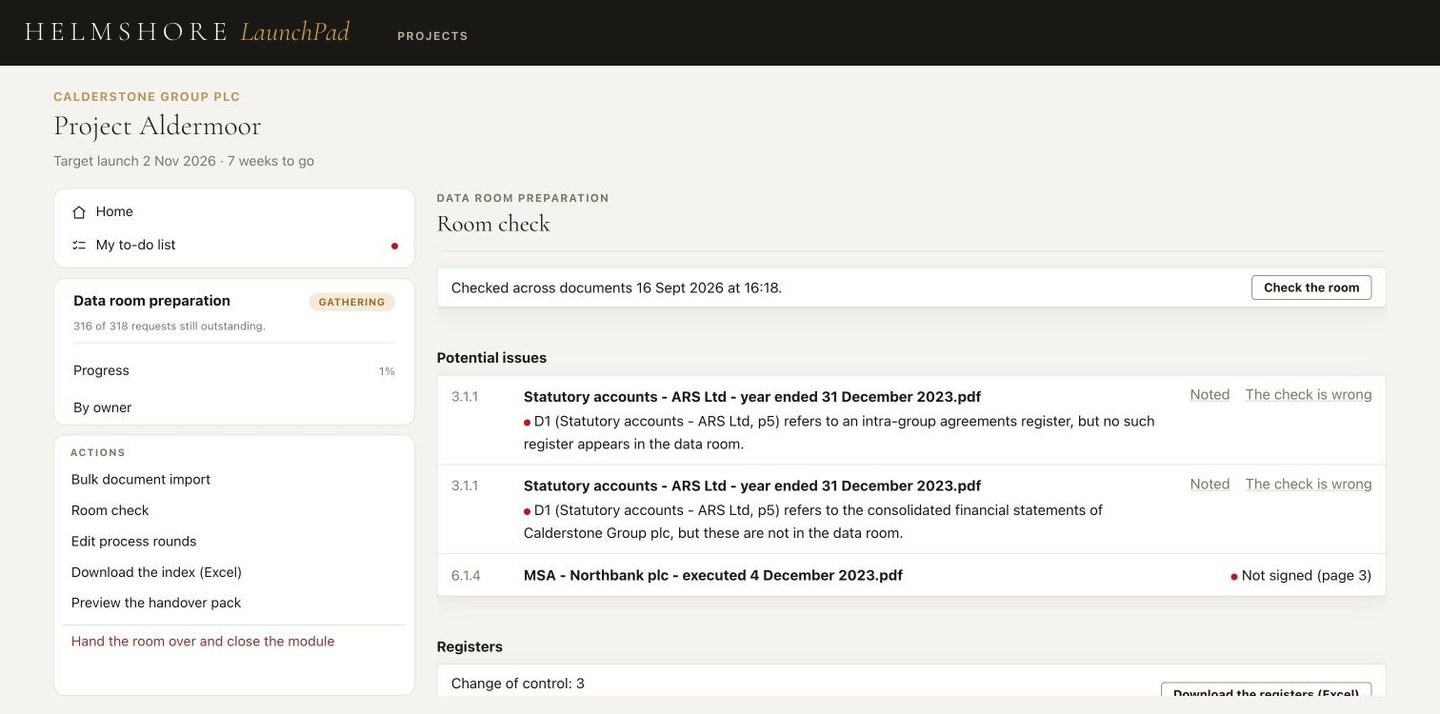 The Room check page, listing potential issues found across the documents in the data room.